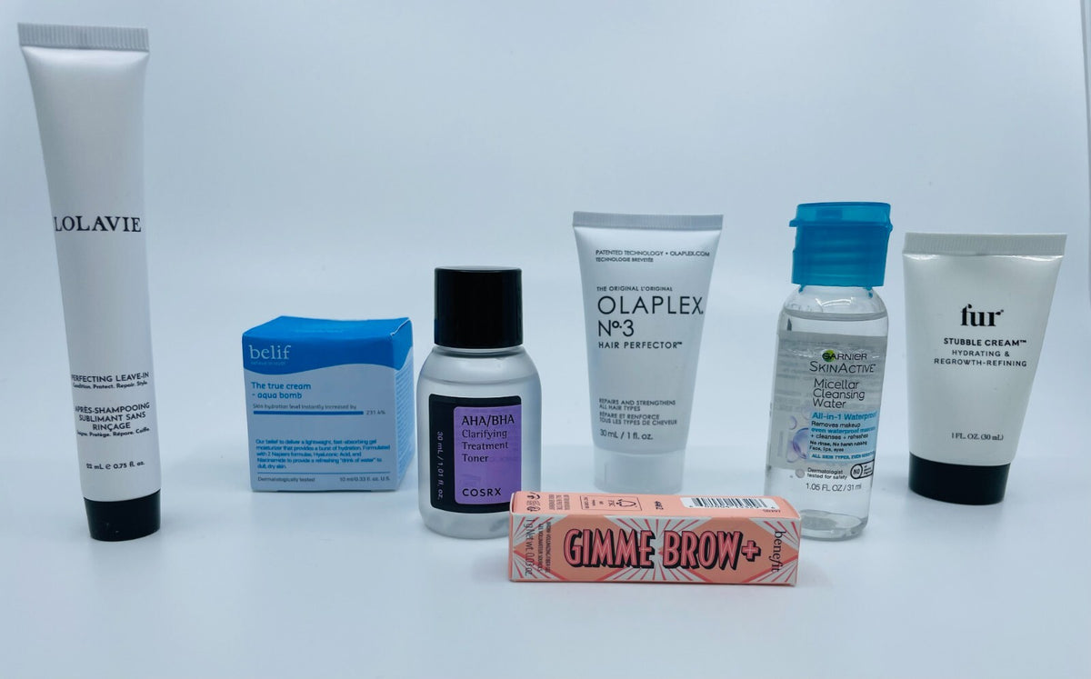 7-Piece Travel Skincare & Haircare Set with Top Beauty Brands - Compact & Convenient