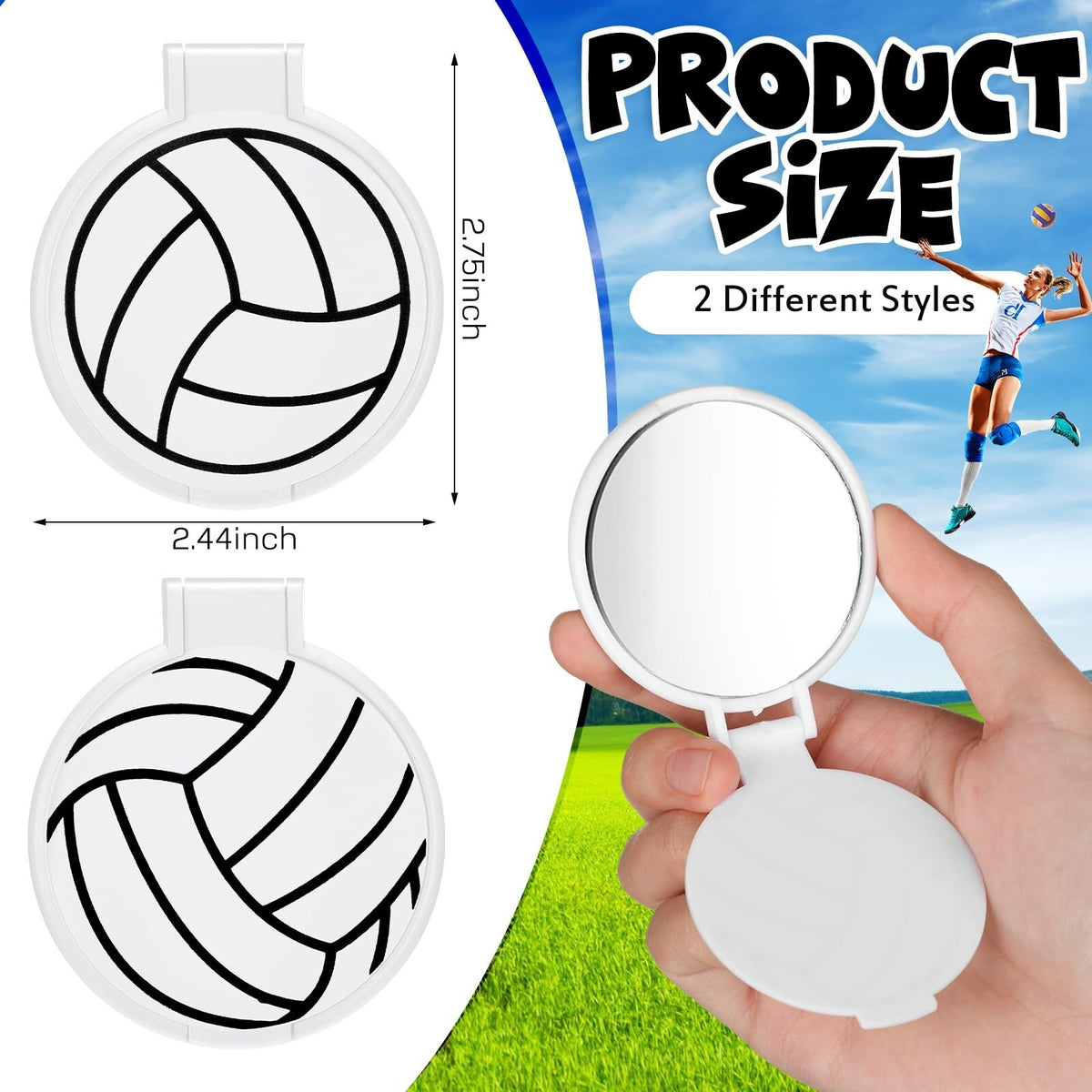 48 Pcs Volleyball Style Compact Mirrors Bulk for Women, Portable Folding Travel Mirrors