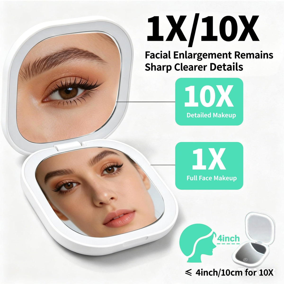 Portable LED Light Up Compact Mirror with 1X & 10X Magnification - Pocket Makeup Mirror