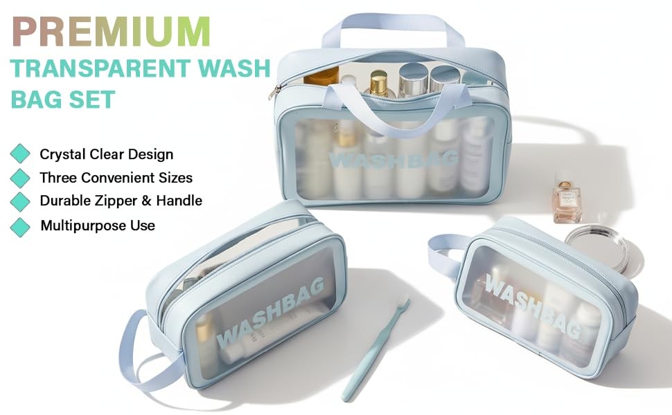 3-Piece Makeup Cosmetic Bag Travel Organizer Set Blue Small Medium Large