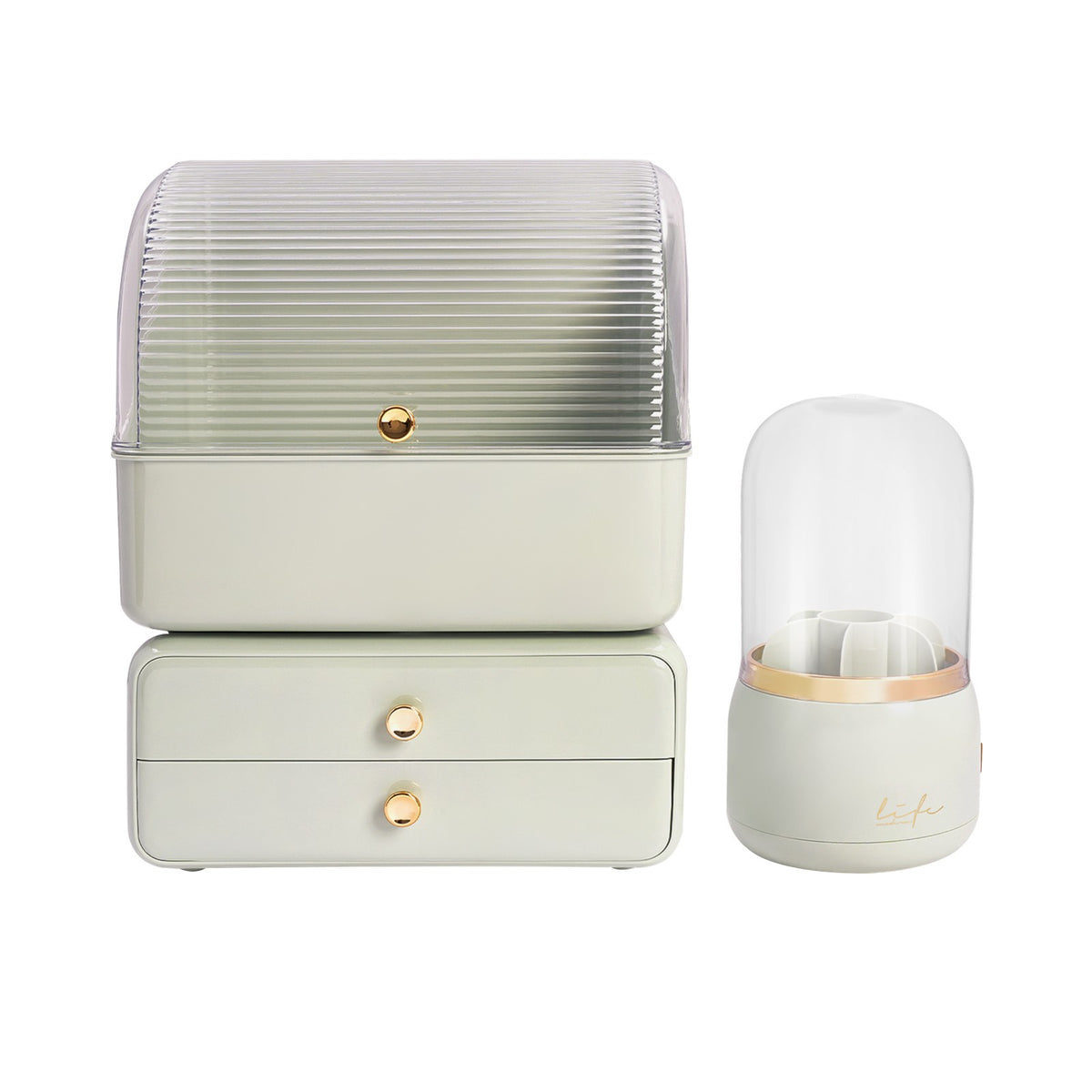 Green Makeup Organizer with Drawers & Brush Holder - Dust Protection