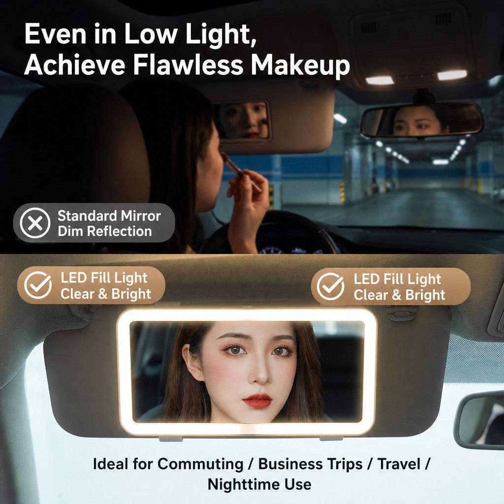 Car Sun Visor Vanity Mirror with Lights - 3 Light Modes & Rechargeable LEDs