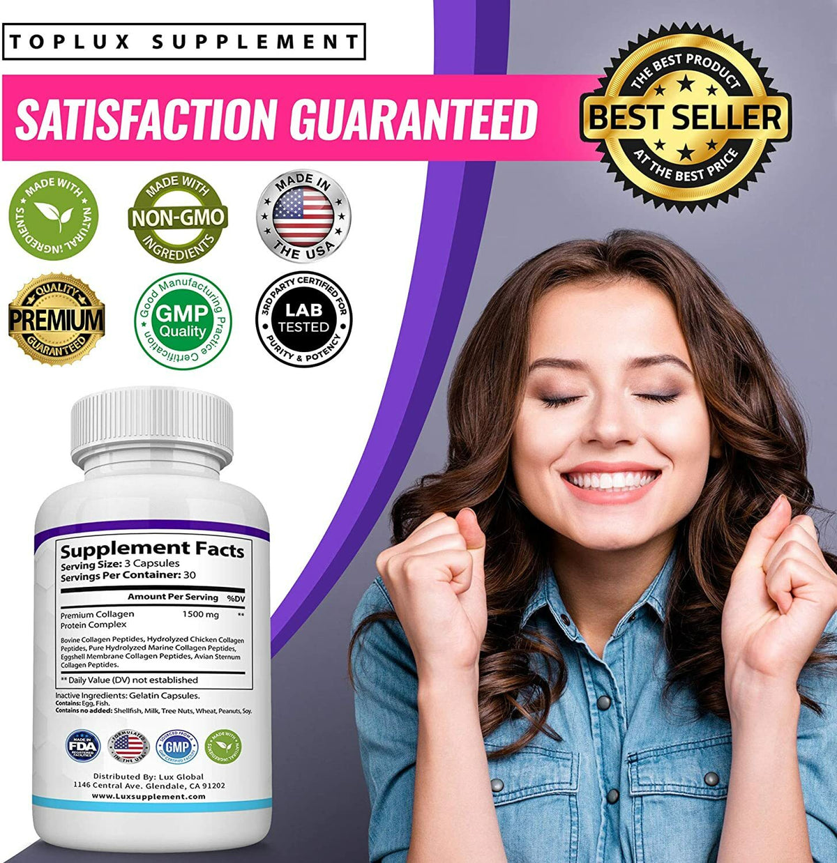 Collagen Peptides Supplement 1500MG Hydrolyzed Anti-Aging Capsules for Skin Hair Nails & Joints
