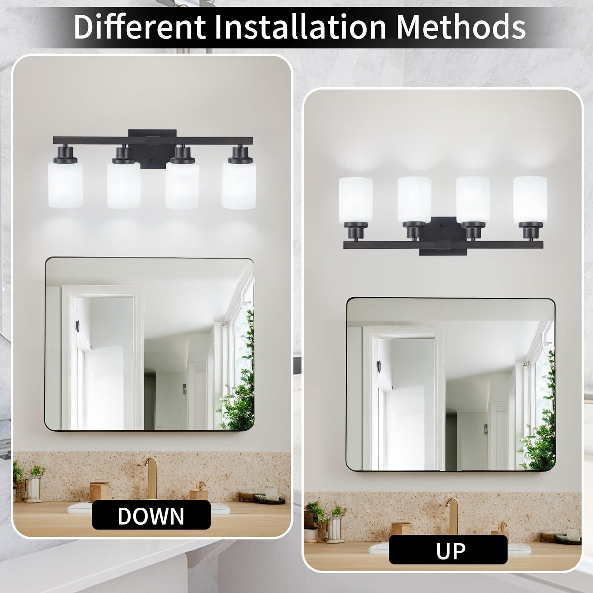 4-Light Matte Black Bathroom Vanity Light with White Glass Shades