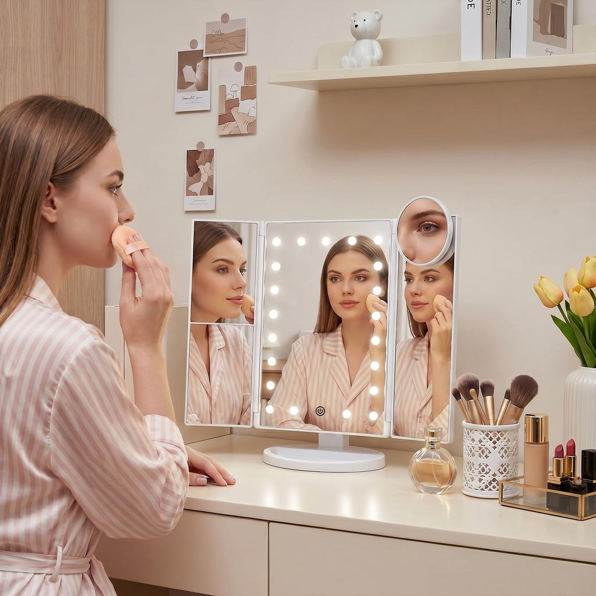 Magnifying Vanity Mirror with Lights 2X 3X 10X Trifold Makeup Mirror Portable LED