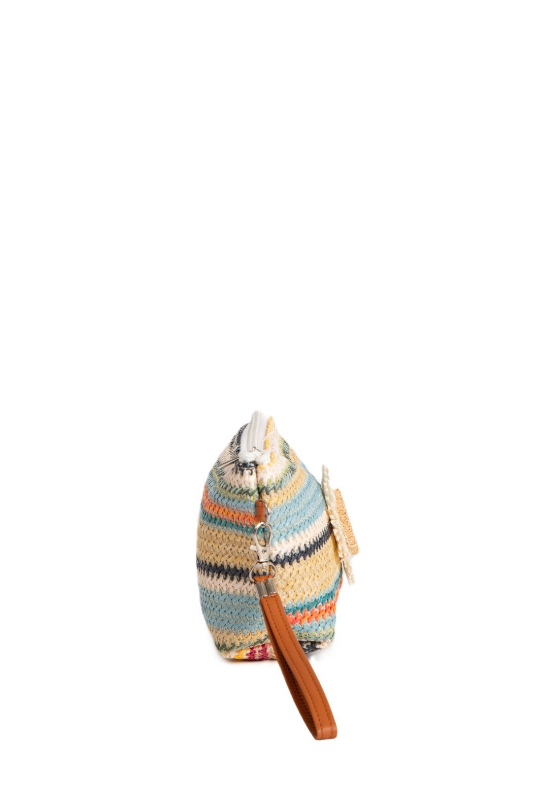 Large Travel Pouch with Multi-Colored Stripes and Daisy Pattern, Zipper Closure
