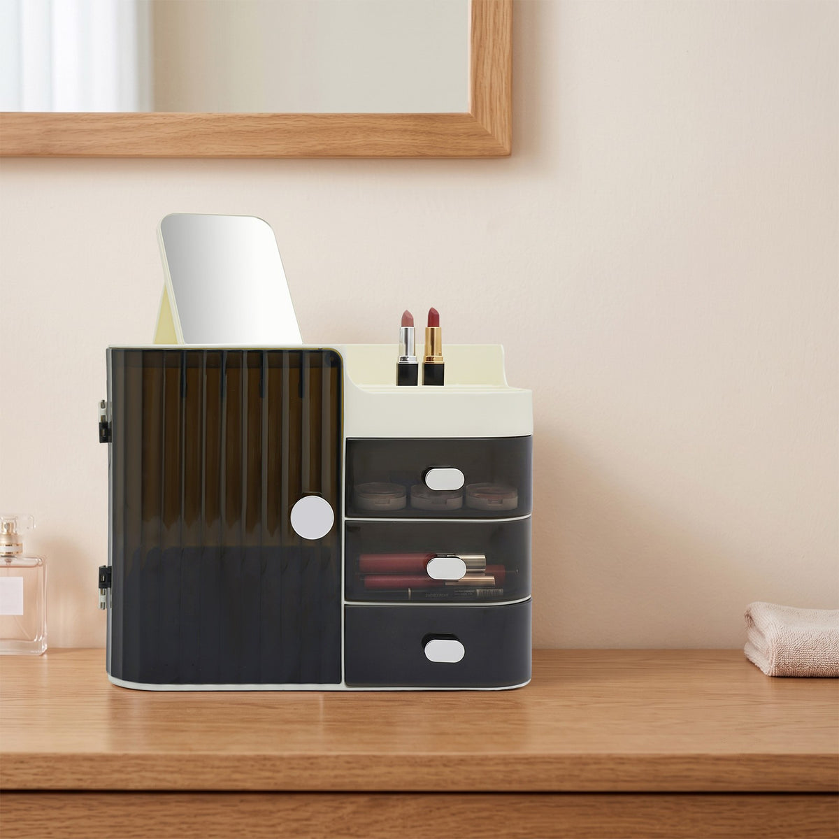 Tiered Makeup Organizer with Mirror and Multiple Compartments for Cosmetics