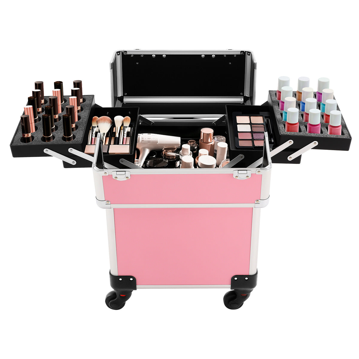 Pink Aluminum Cosmetic Train Case with Wheels & Large Storage