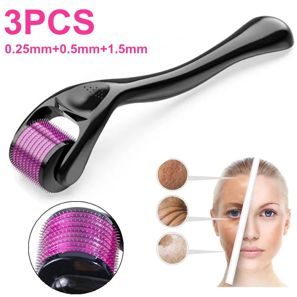 3-Piece Microneedle Derma Roller Set with 0.25mm 0.50mm & 1.50mm Needles for Skin & Hair Care
