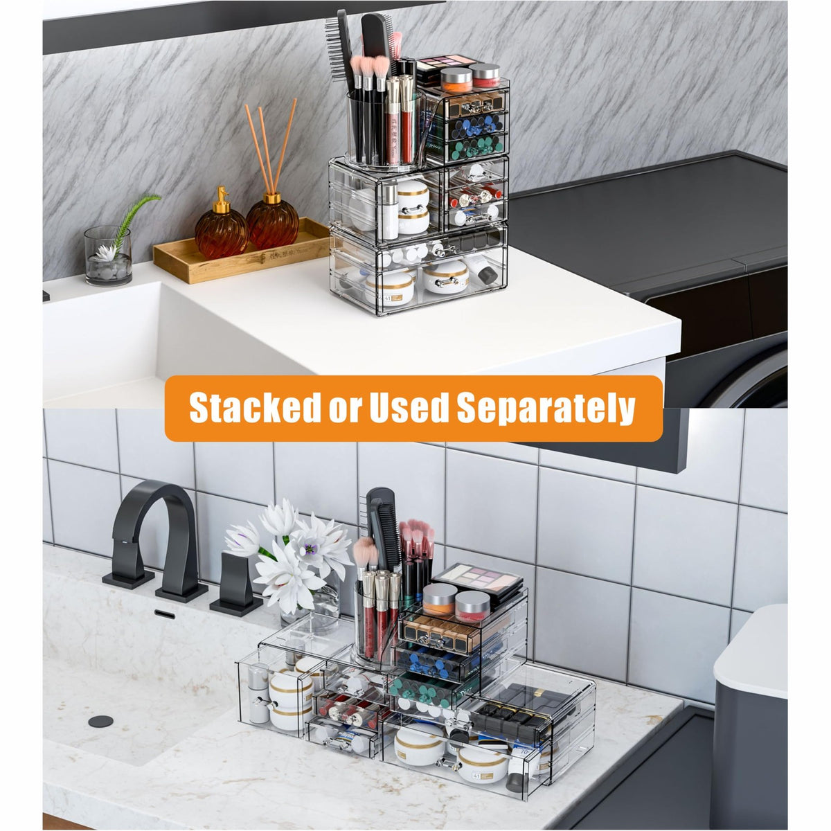 3-Pack Clear Acrylic Makeup Organizer with 9 Drawers for Vanity and Skincare