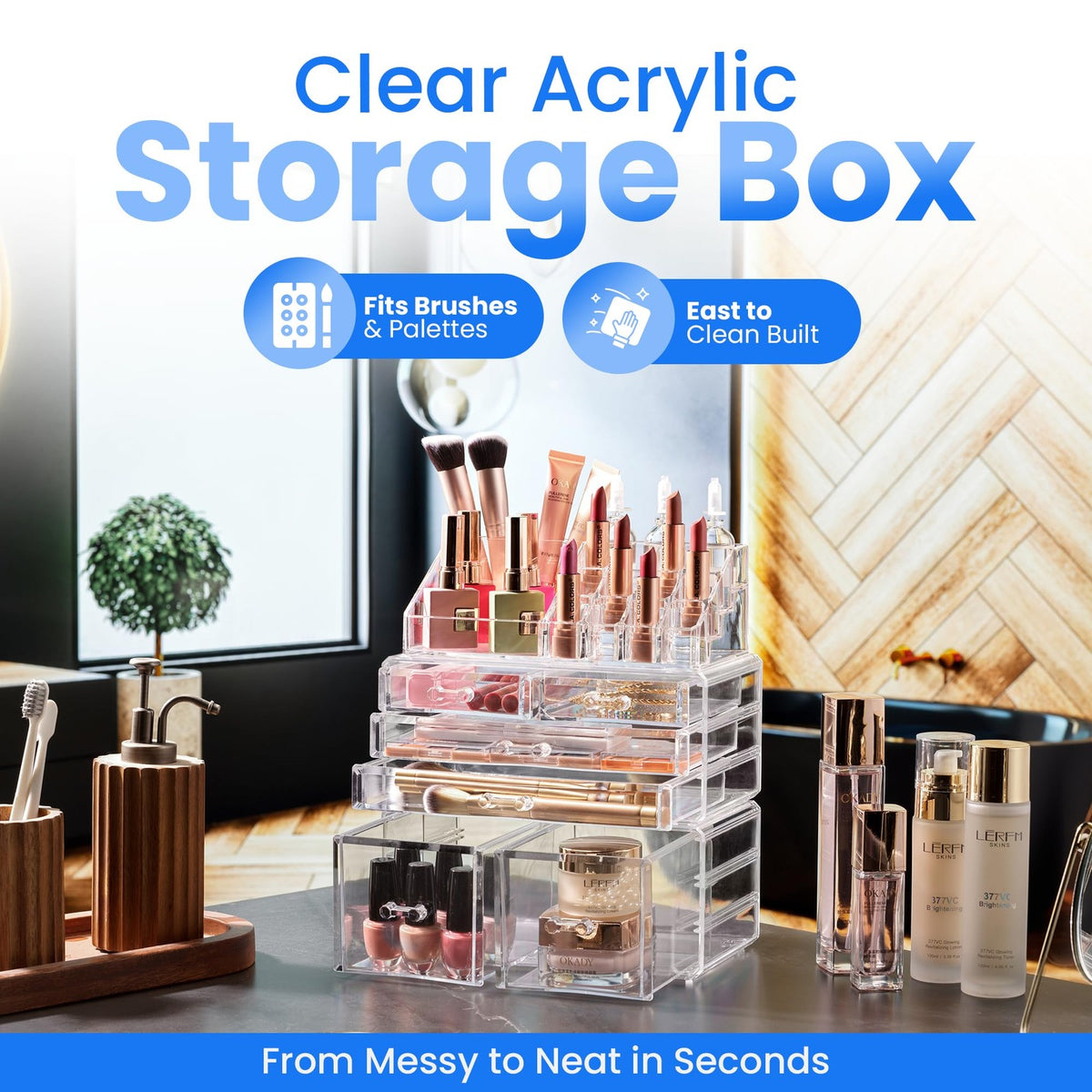 Clear Cosmetic Storage Organizer with Multiple Compartments & Modular Design