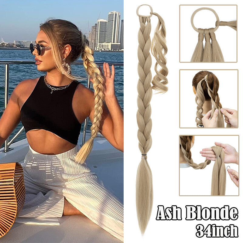 Long Braided Ponytail Extension 34 Inch Straight with Hair Tie Wraps - Multiple Colors