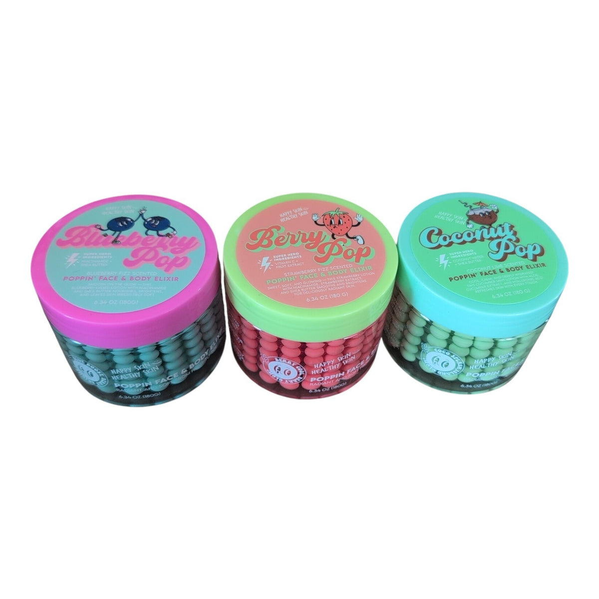 Happy Skin Healthy Poppin Face & Body Elixer Care Set Of Three New