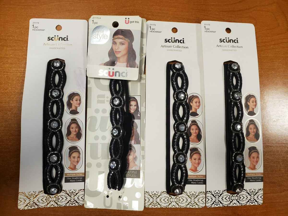 4 Pack: Scunci Skinny Elegant Black/Silver Embellished Headwrap