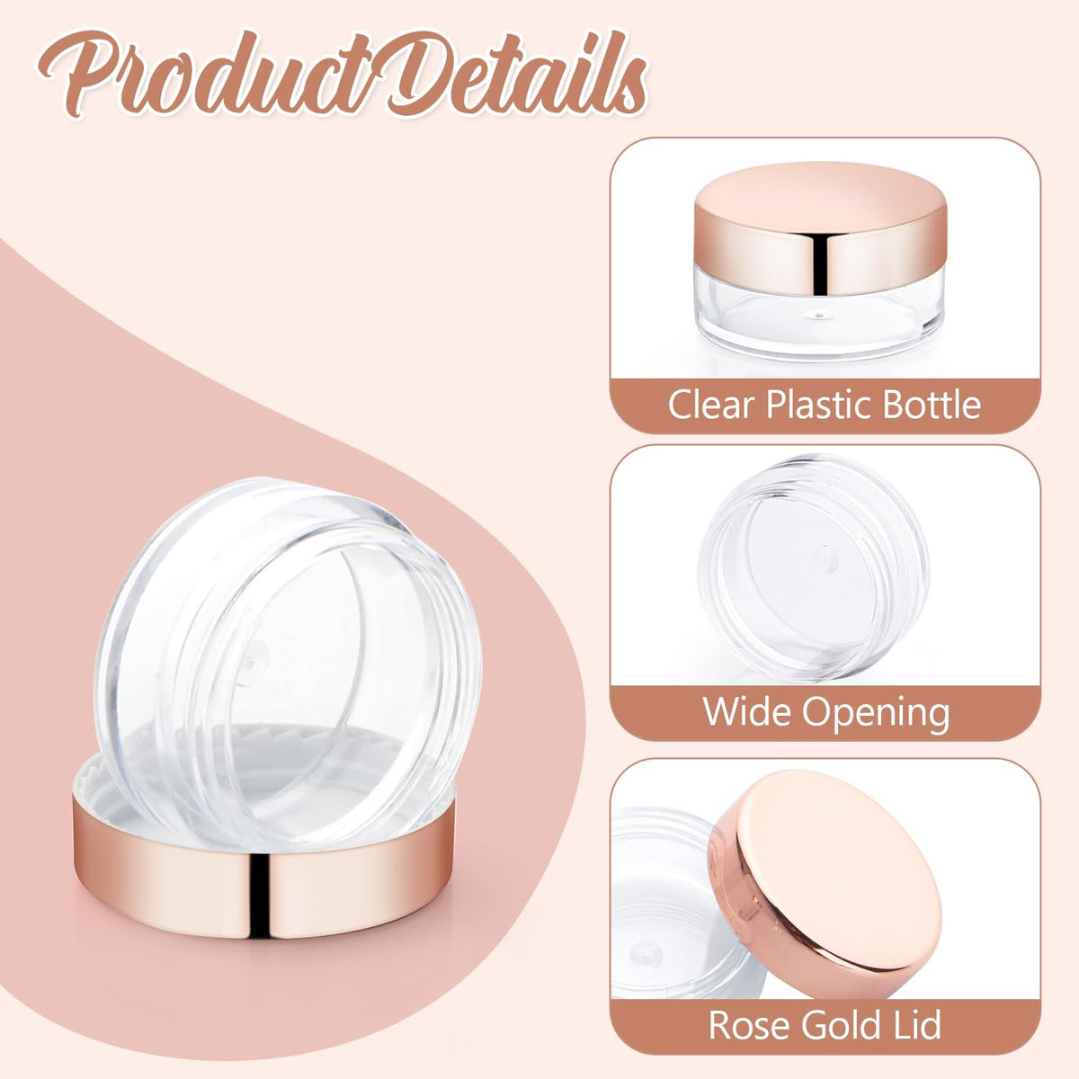 Transparent Plastic Cosmetic Jars with Rose Gold Cap - 30 Pack, 5ml Refillable Containers for Lip Balm, Cream, Makeup