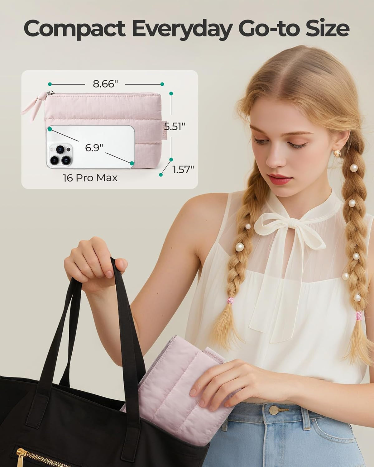 Small Plush Water-Resistant Makeup Bag for Women, Travel Cosmetic Organizer, Black