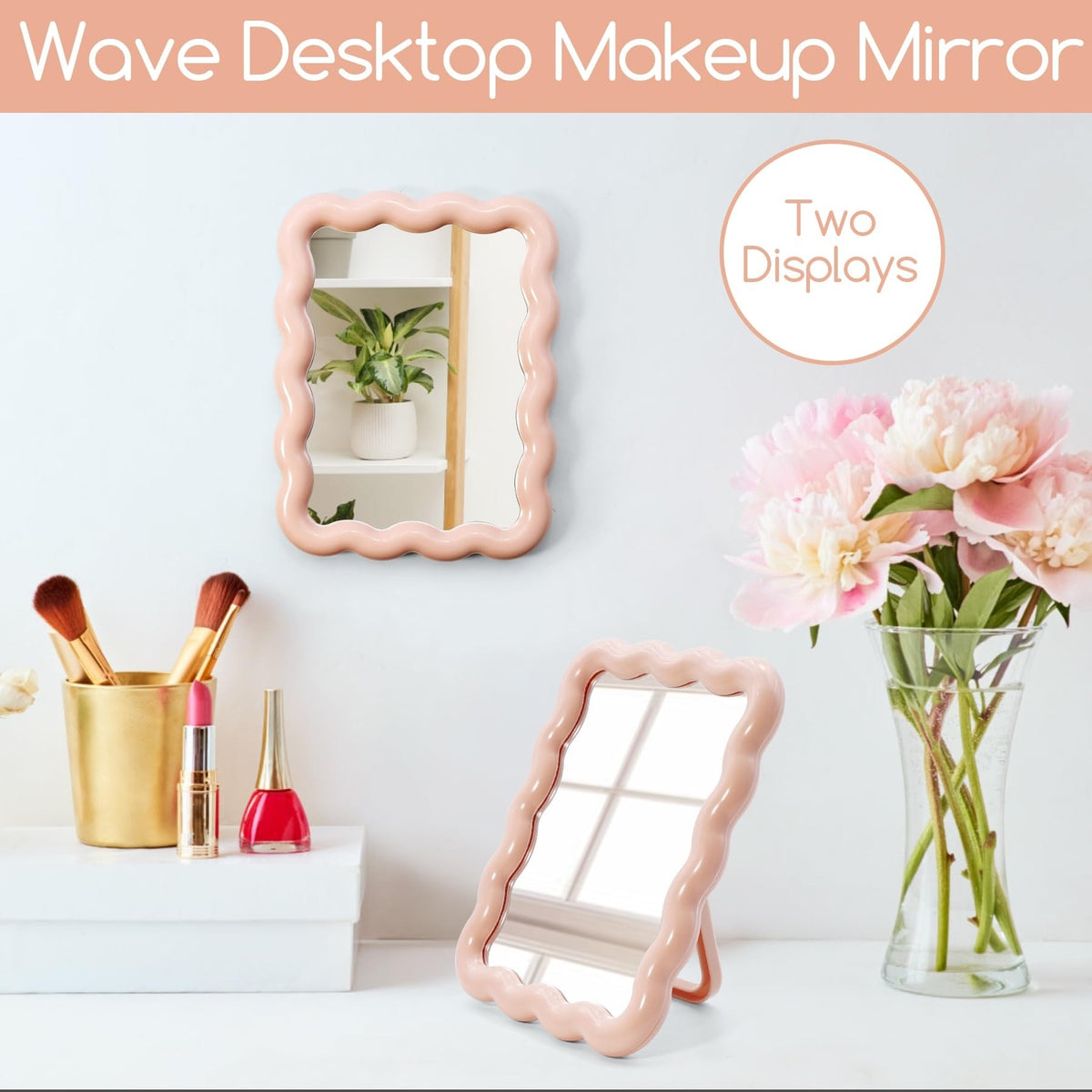 Wave-Shaped Desk Vanity Mirror - Portable Foldable Tabletop Makeup Mirror, Pink