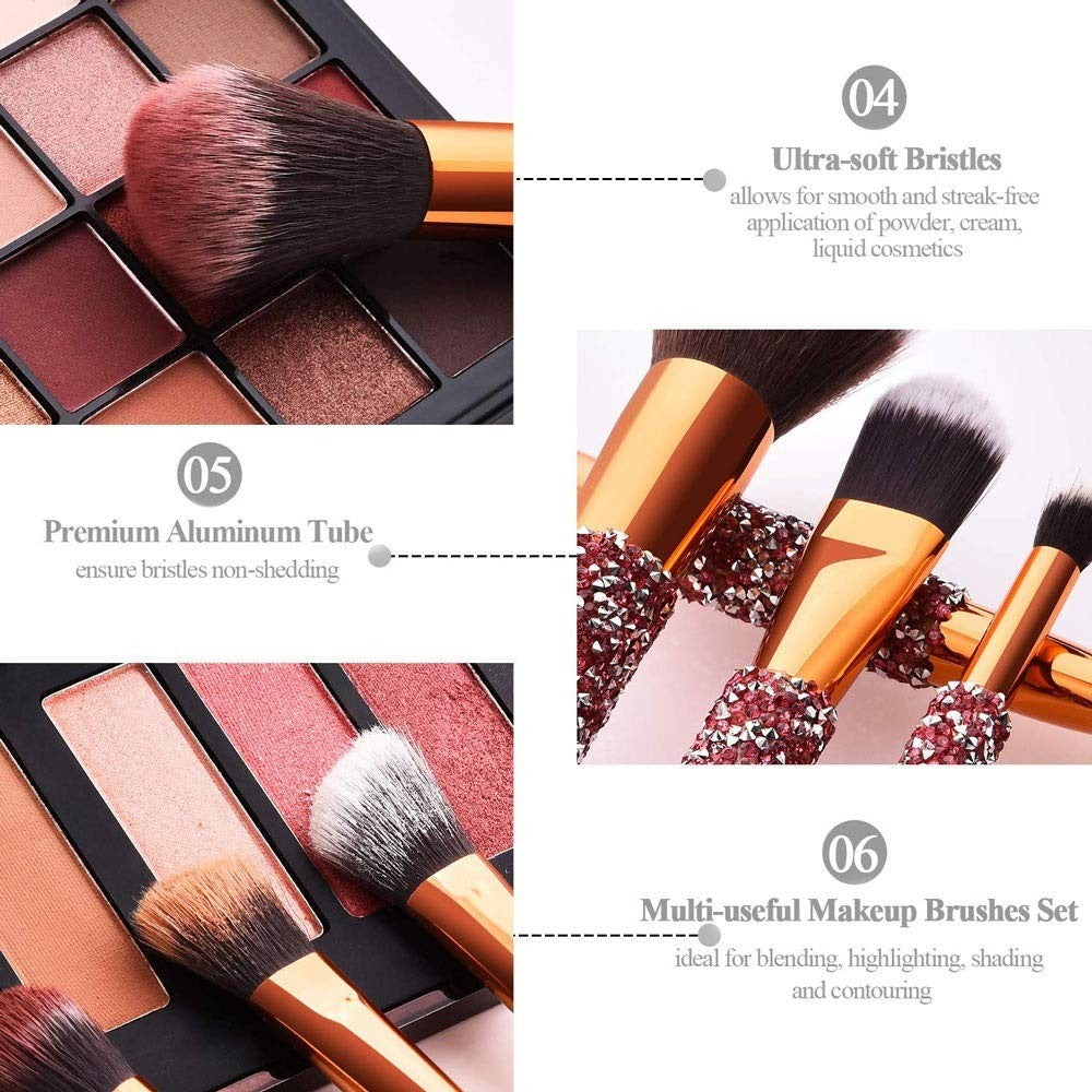 Pink Diamond Inlaid Handmade Makeup Brush Set - 10-in-1 Cosmetic Brushes with Bag