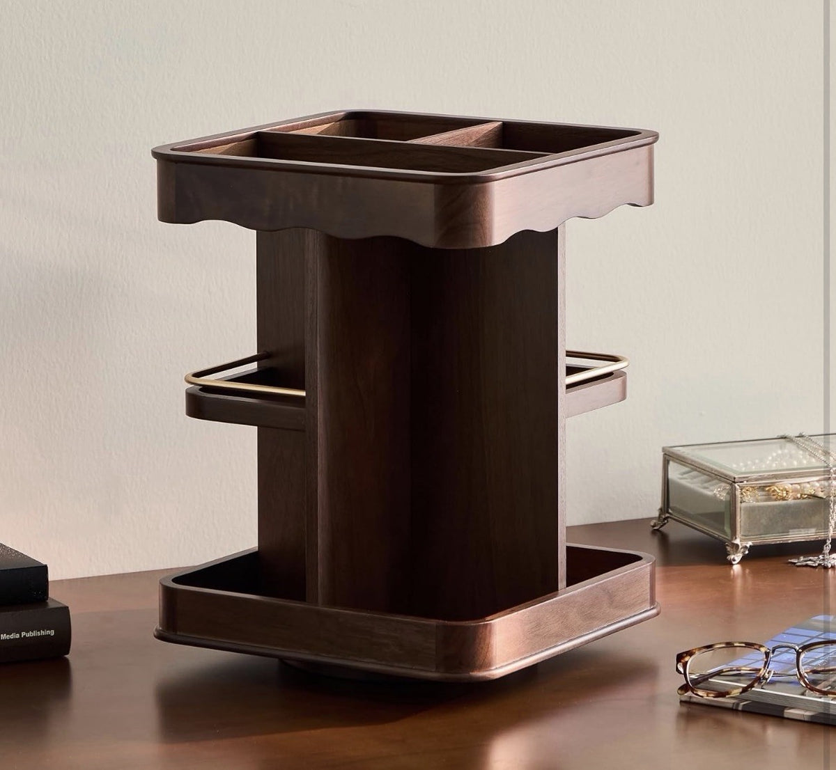 Wooden Rotating Cosmetic Organizer with Velvet Lining and Gold Accents