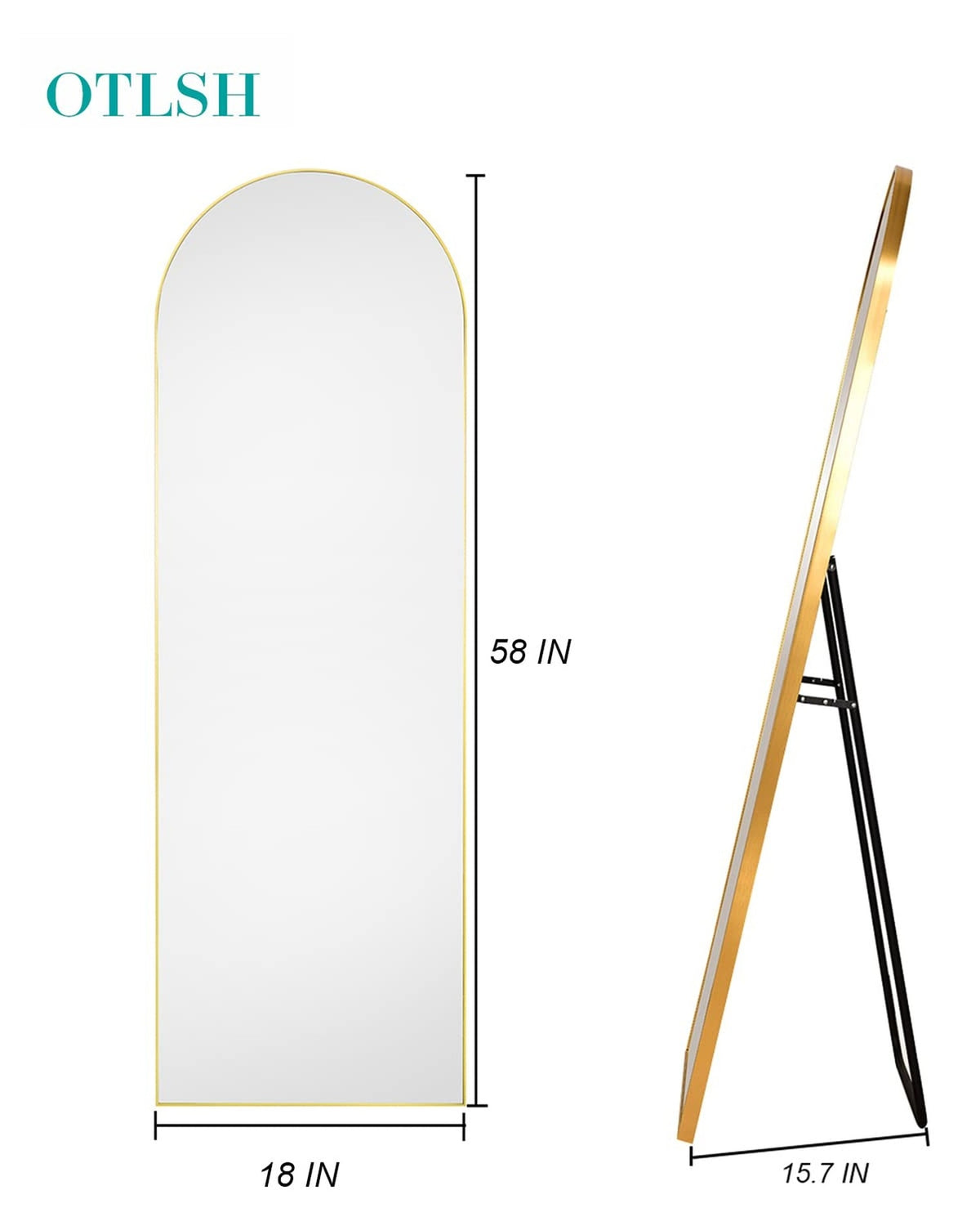 58-Inch Gold Arched Full Length Floor Mirror with Stand - Modern Freestanding Aluminum Frame