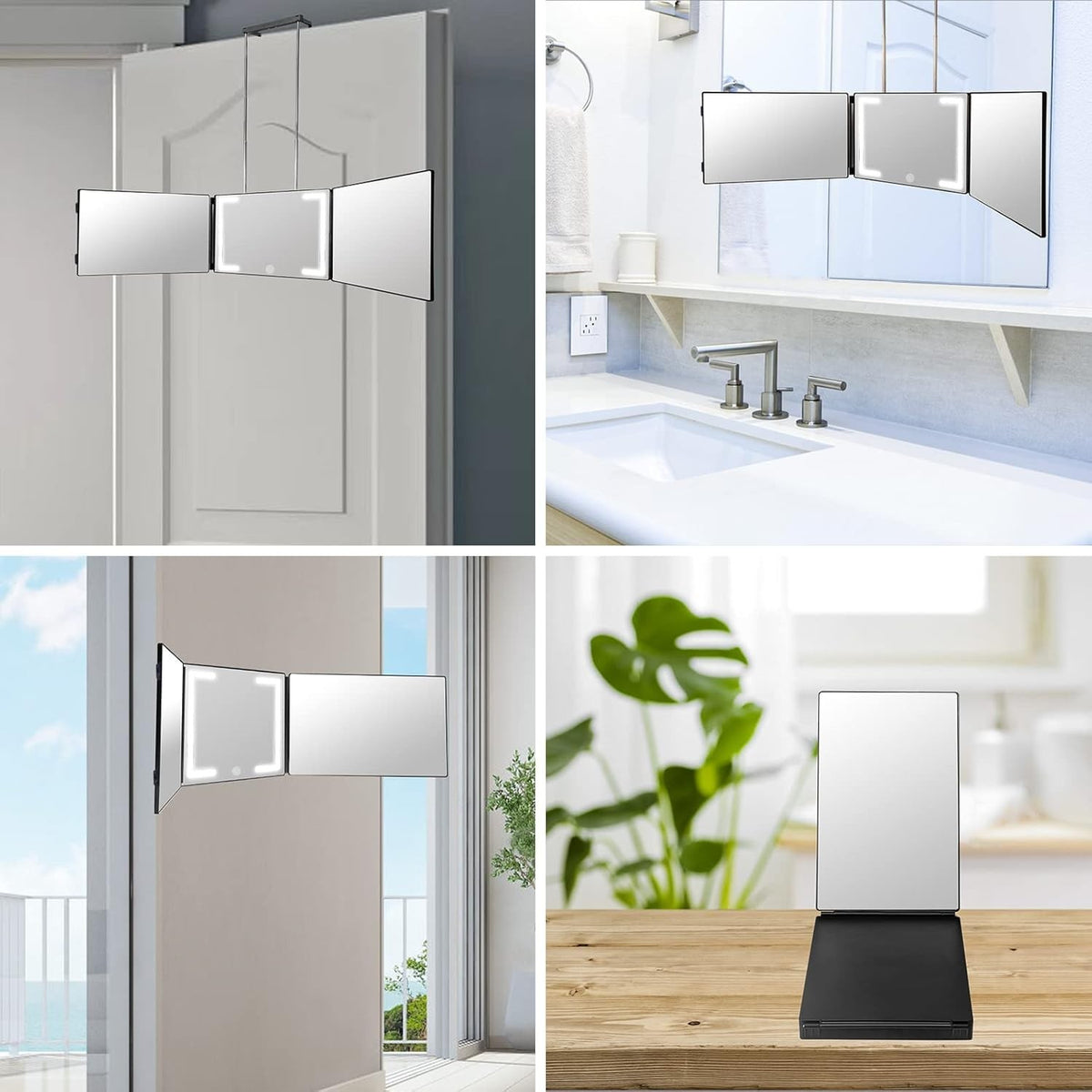 Rechargeable 3-Way Mirror with 8 LED Light Strips for Self-Haircut & Styling