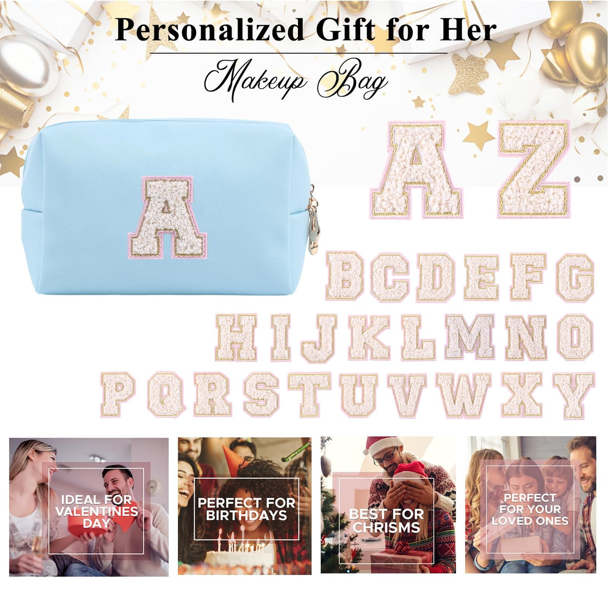 Personalized Preppy Patch Makeup Bag - Waterproof PU, Azure-Pink