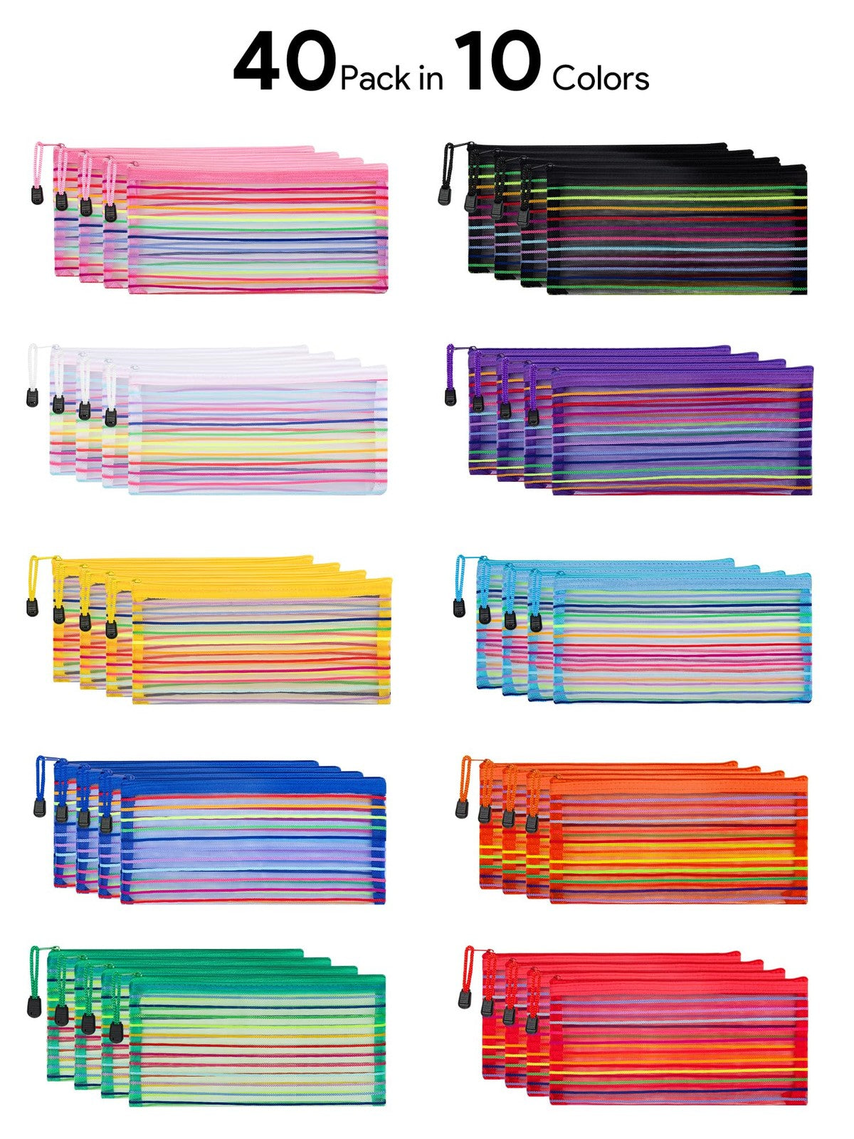 40 Pack Mesh Zipper Pouches for Travel, School & Cosmetics Storage