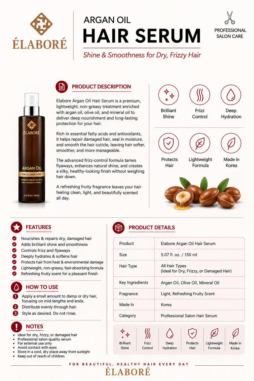 Argan Oil Hair Serum - Nourishing Hair Treatment for Shine & Frizz Control 150ml