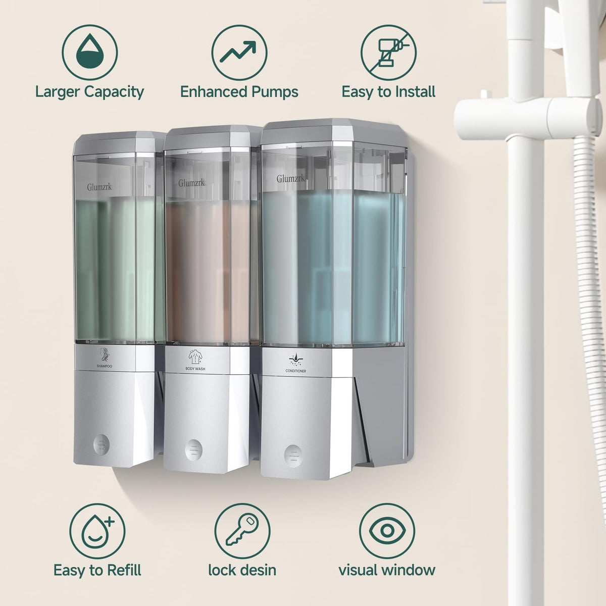 Shampoo and Conditioner Dispenser 3 Chamber No Drill Shower Soap Wall