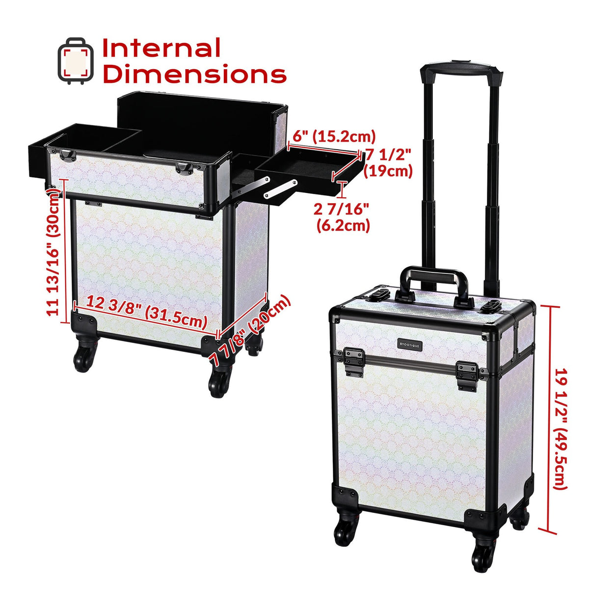 Rolling Makeup Train Case with Extendable Trays and Large Storage - White Floral Design