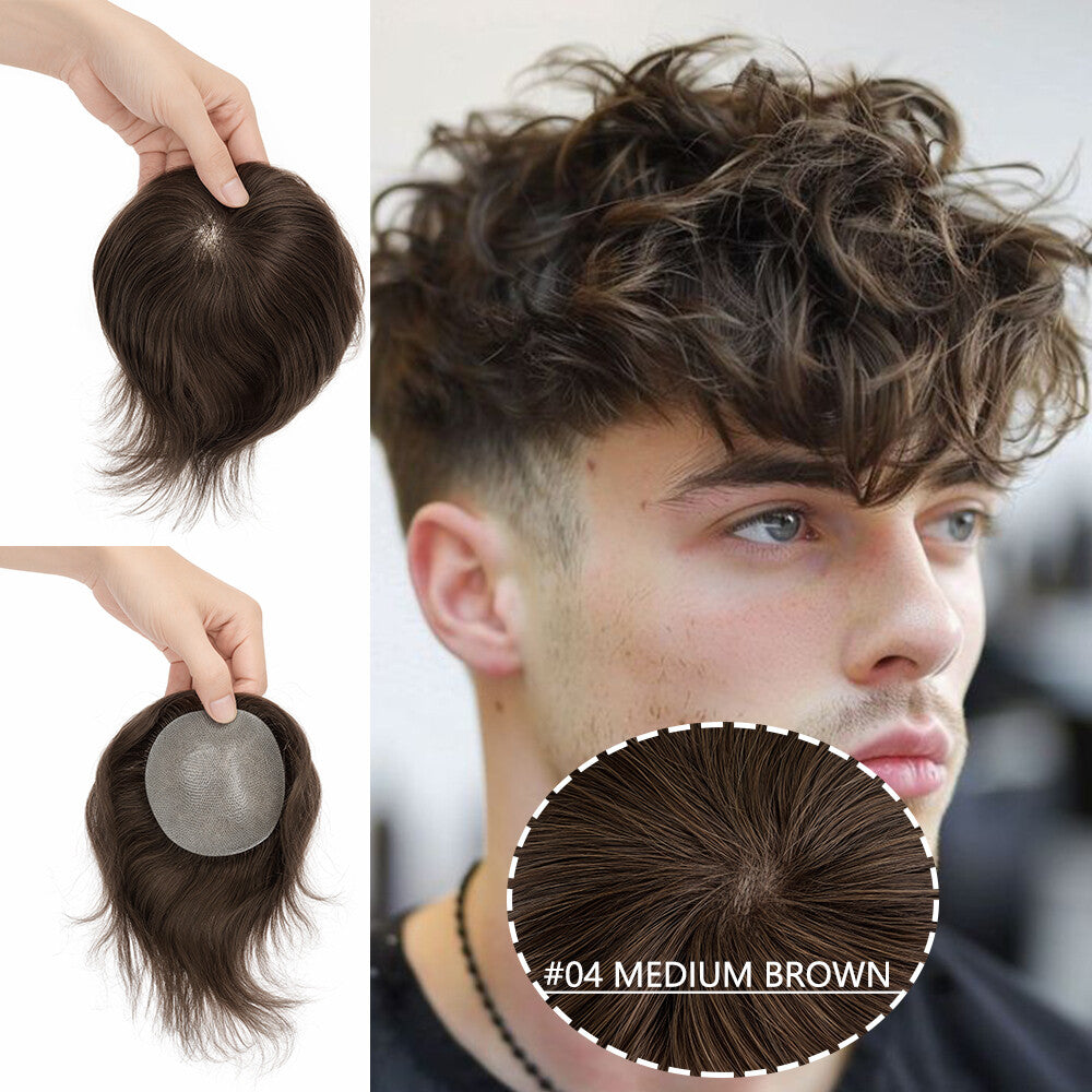 Men's Human Hair Toupee Replacement System with PU & HD Lace Base - Natural Hair Cover
