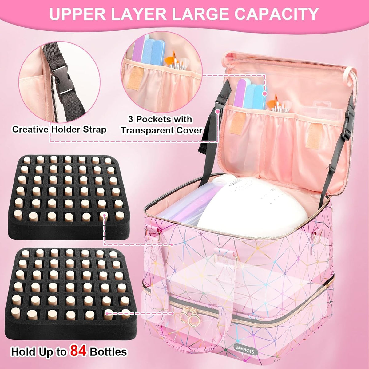 Large Capacity Nail Polish Organizer Bag with Lamp and Travel Case - Holds 84 Bottles