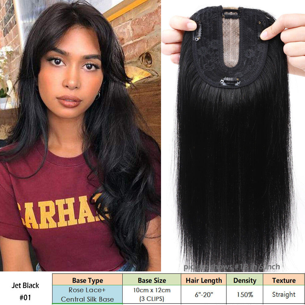 Clip-In Human Hair Topper with Silk Base for Women - Natural Look & Various Sizes