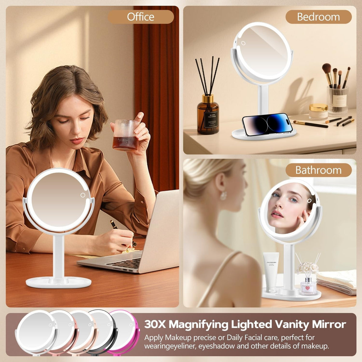 Lighted Makeup Mirror with 30X Magnification, 3 Color Modes, Adjustable Brightness