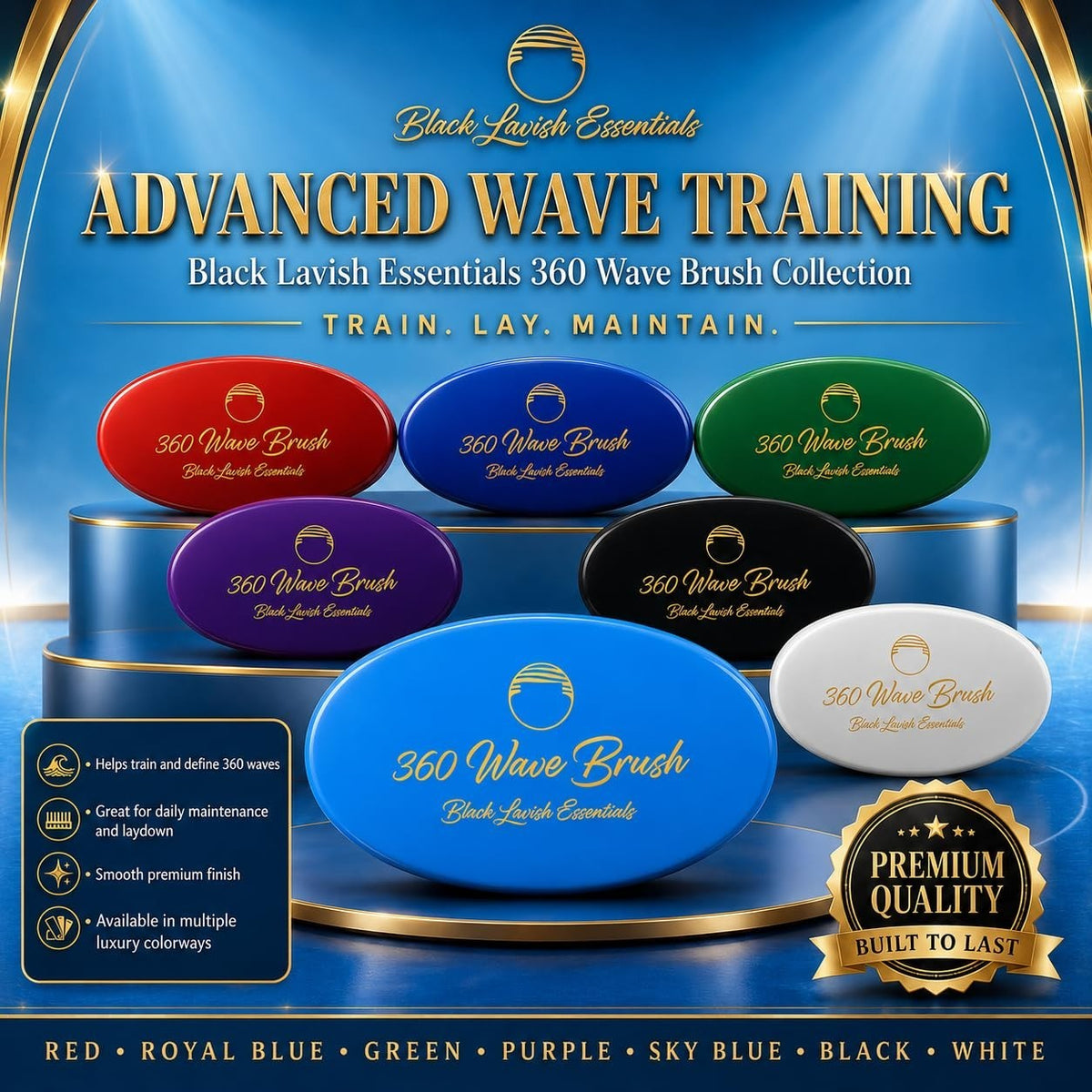 360 Wave Hair Brush MED/Hard Boar Bristle Curved Design for Deeper Waves - Sky Blue
