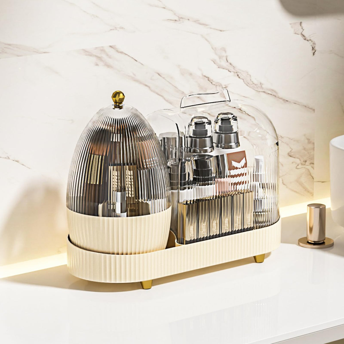 Rotating Makeup Organizer with Brush Holder - Vanity Storage with Dust Cover