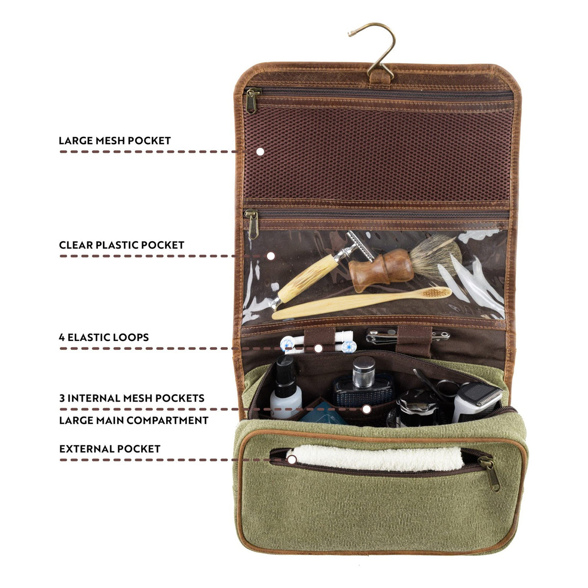 Leather Hanging Toiletry Bag for Men & Women Travel Organizer Dopp Kit