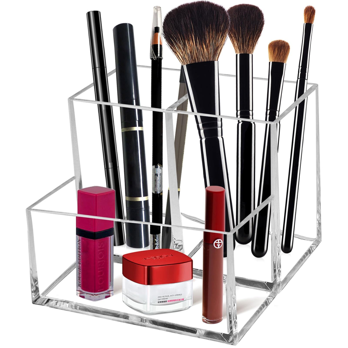 Acrylic Makeup Brush Organizer with 3 Compartments - Clear Storage for Cosmetics & Accessories