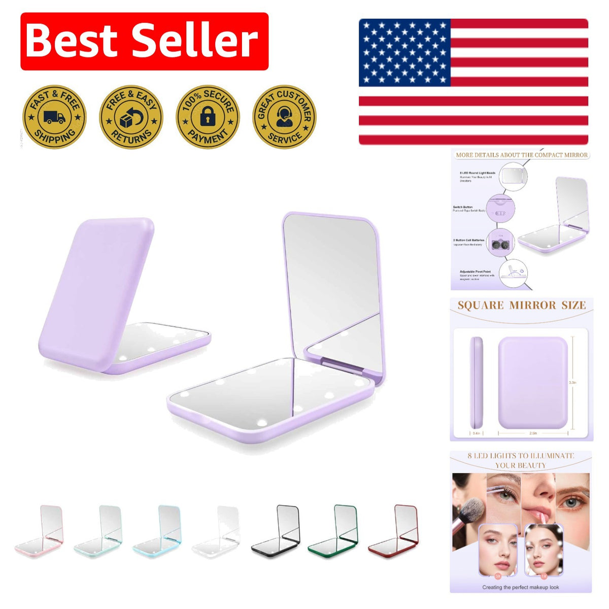 Portable LED Pocket Mirror with 1X/3X Magnification and Bright Lights