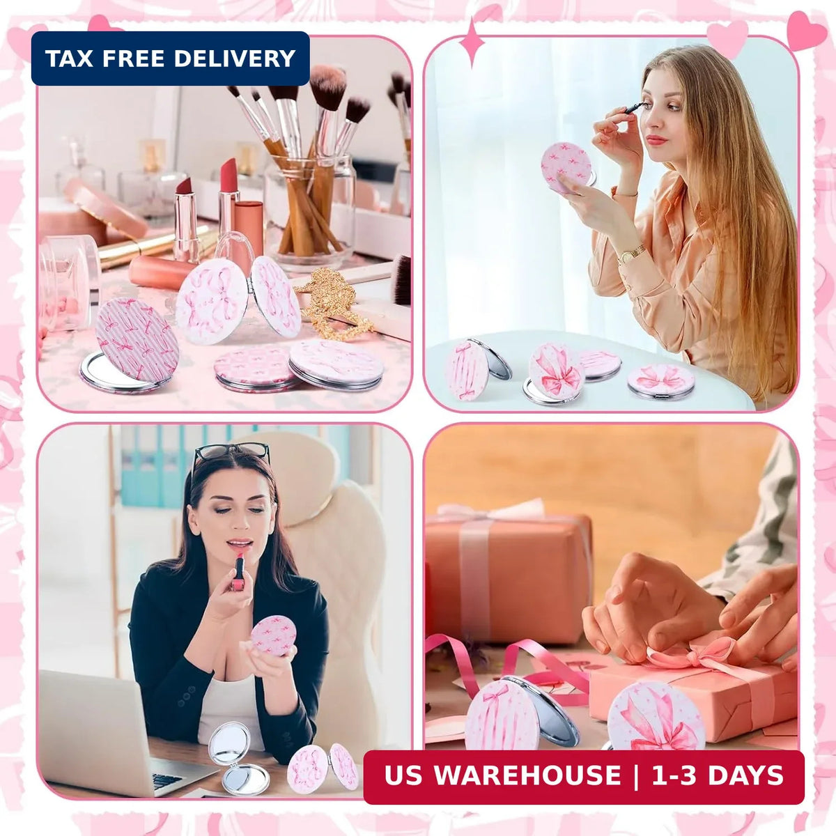Pink Bow Compact Mirrors Set - Double-Sided Makeup Mirrors with Magnification, Portable and Stylish for Women & Girls