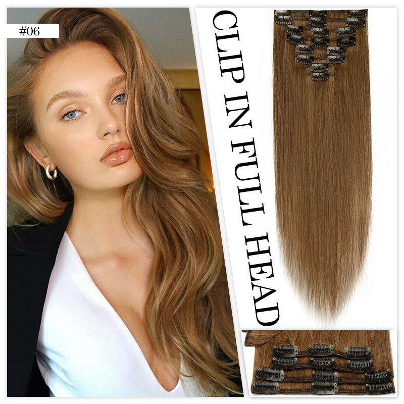 Clip-In Human Hair Extensions Full Head Set - Remy Straight Hair 8 Pieces