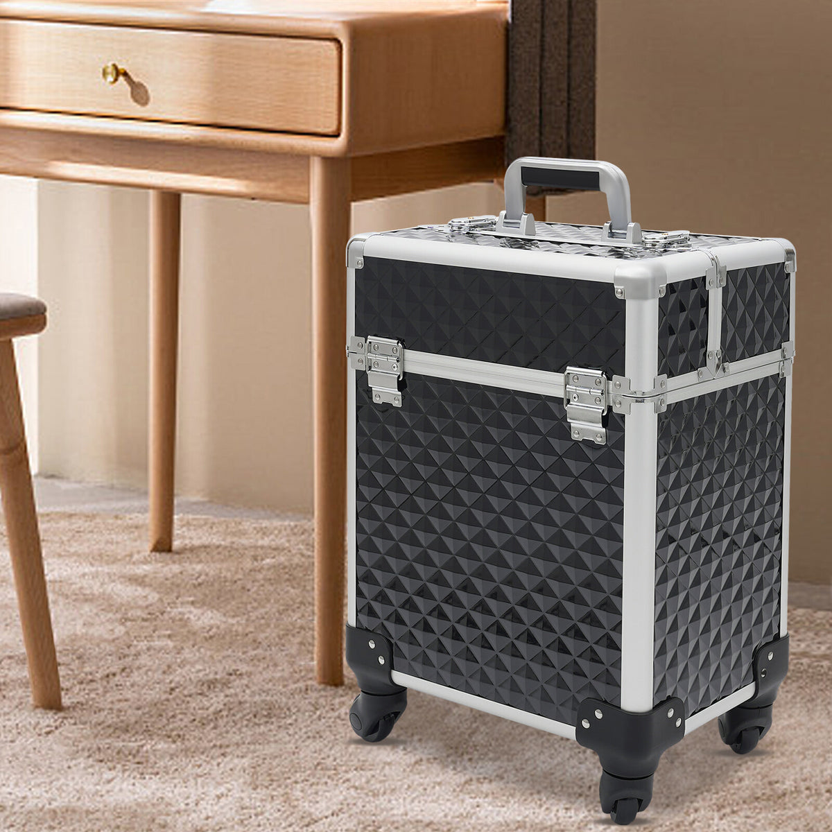 Professional Aluminum Makeup Train Case with Lock & Wheels – Salon Cosmetic Organizer