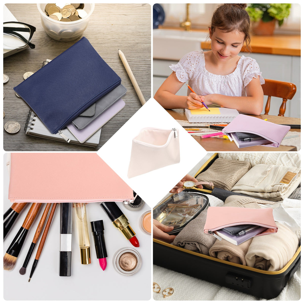 Large PU Leather Cosmetic Makeup Bag Set - Gold Zipper Pouch, 2 Pieces