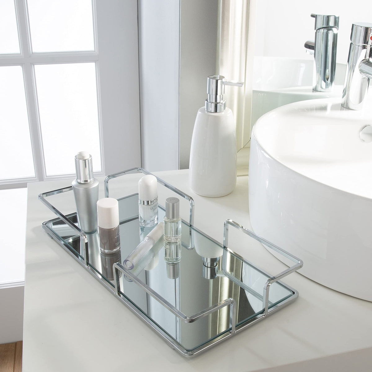 Modern Rectangular Mirror Vanity Tray Chrome Organizer for Cosmetics & Jewelry