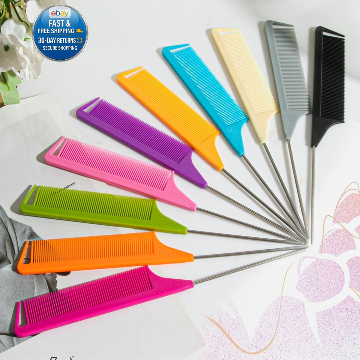Hair Styling Comb Set with Fine Teeth and Metal Rat Tail - Multiple Colors