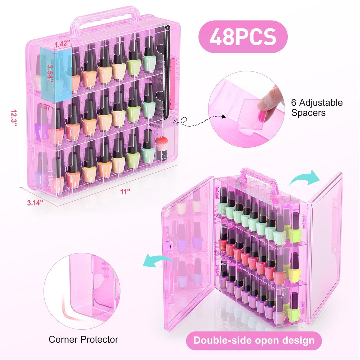 Pink Double-Side Nail Polish Organizer Case with Adjustable Dividers, Holds 48 Bottles