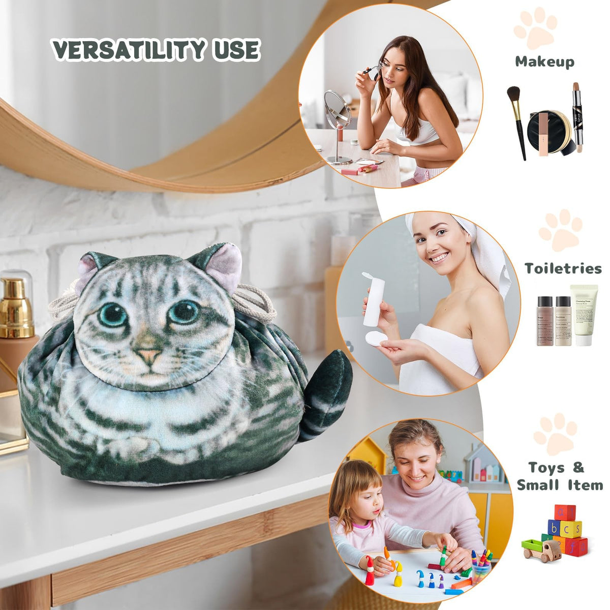 Cute Cat Shaped Drawstring Makeup Bag for Women - Grey Tabby Cosmetic Case