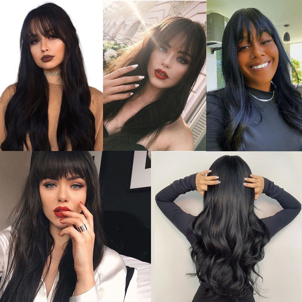Long Wavy Black Cosplay Wig with Bangs - Heat Resistant Synthetic Hair
