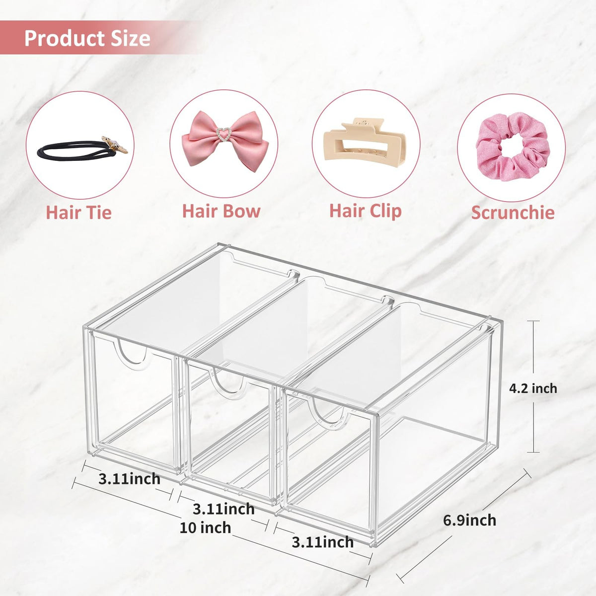 Clear Acrylic Hair Accessories Organizer with 3 Stackable Drawers for Girls
