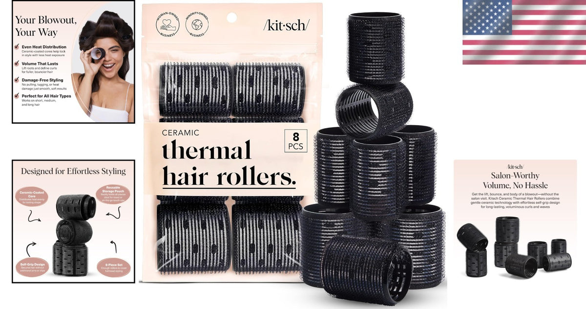 Heatless Ceramic Hair Rollers Set for Voluminous Curls – 8 Pack